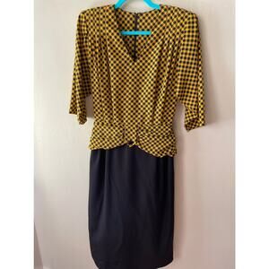 Vintage Mad Men Size 8 Pinup Dress Yellow & Black Checkered 1980s